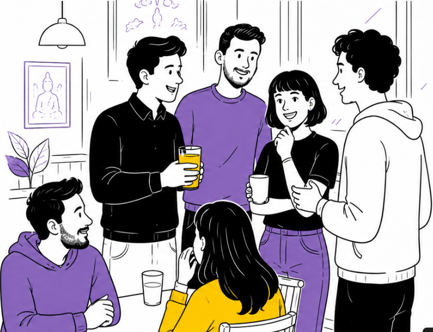 Ilustracja grupy osób rozmawiających na nieformalnym spotkaniu e-commerce w warszawskim pubie